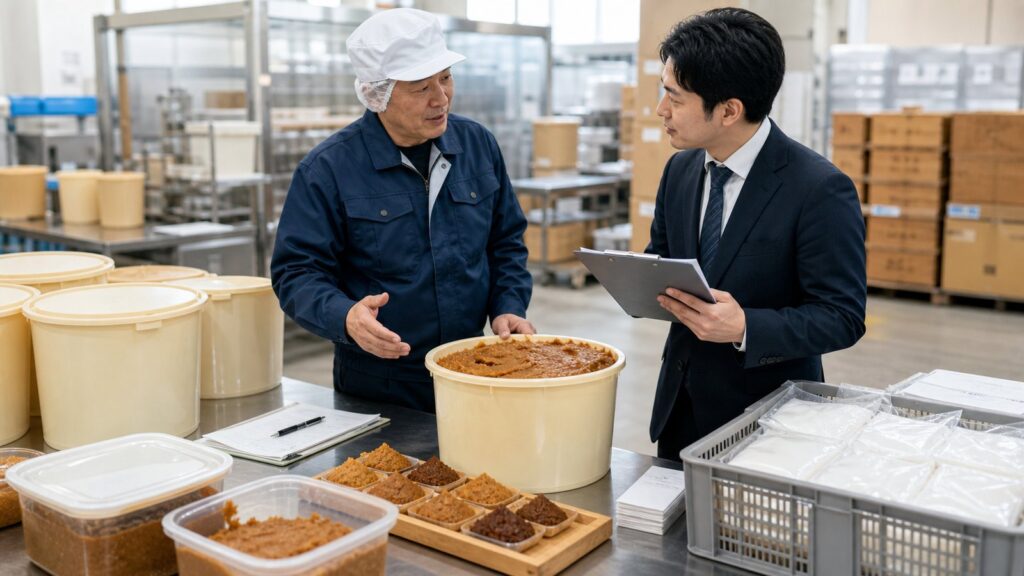 業務用味噌工場で買い手と製造責任者が品質サンプルを確認する様子