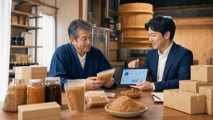 味噌と発酵食品のEC出荷室で資本提携の打ち合わせをする様子