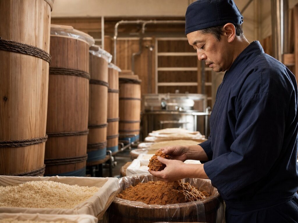 木桶と麹を確認する味噌職人