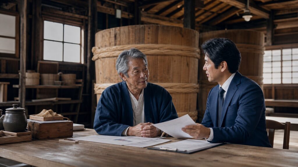 味噌蔵で蔵元とM&Aアドバイザーが資料を確認する様子