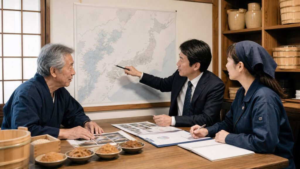 味噌蔵の会議室で地域承継について話し合う様子