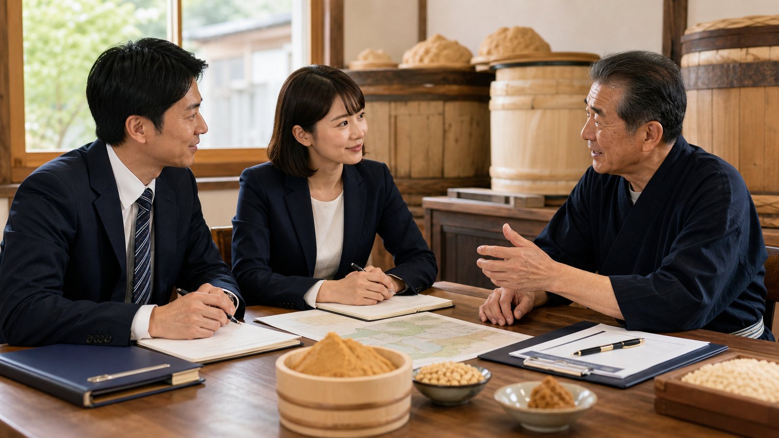 信州の味噌蔵で事業承継とM&Aについて相談する蔵元とアドバイザー