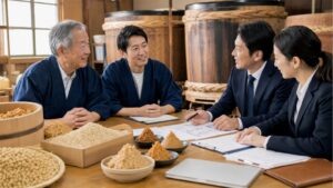 九州の麦味噌蔵で事業承継とM&Aについて相談する蔵元家族とアドバイザー