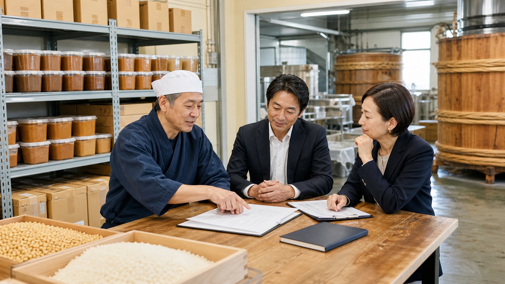 味噌蔵と食品卸の倉庫でM&Aと事業承継の資料を確認する経営者とアドバイザー