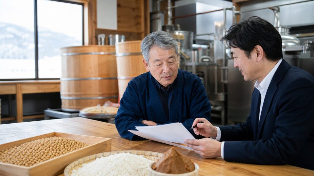 北海道の味噌蔵で大豆と麹を前にM&Aと事業承継を相談する経営者とアドバイザー