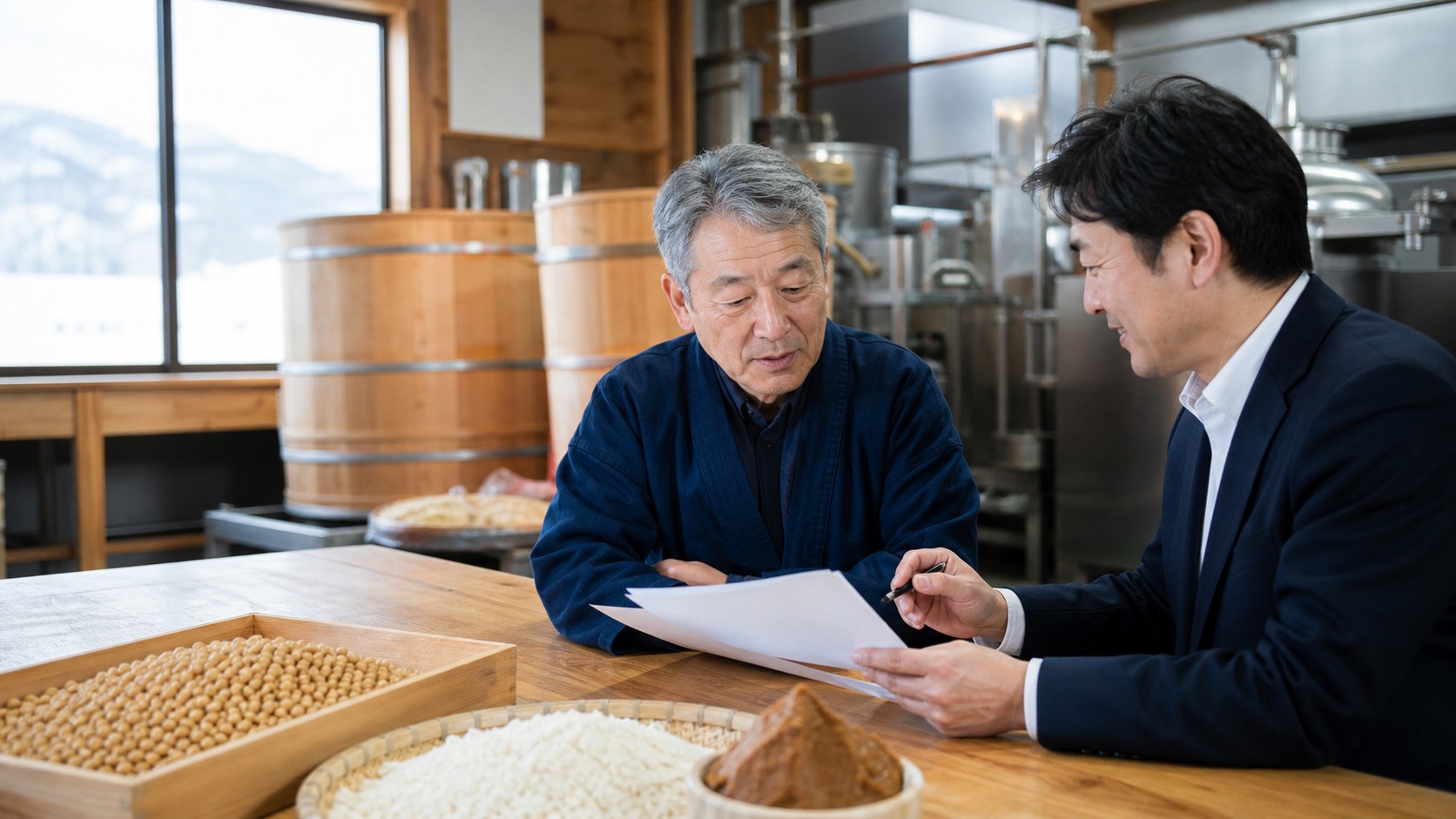 北海道の味噌蔵で大豆と麹を前にM&Aと事業承継を相談する経営者とアドバイザー