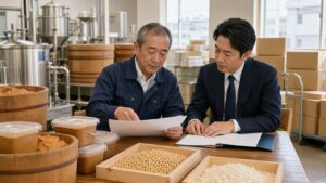 首都圏の味噌工場で製造設備と出荷箱を背景にM&Aと事業承継を相談する経営者とアドバイザー