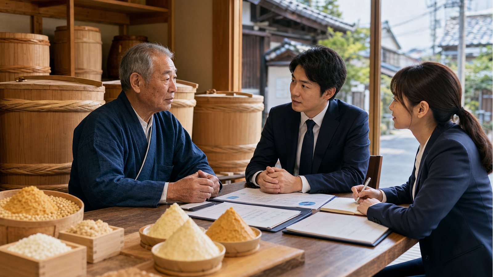 京都の白味噌蔵で事業承継とM&Aについて相談する蔵元とアドバイザー