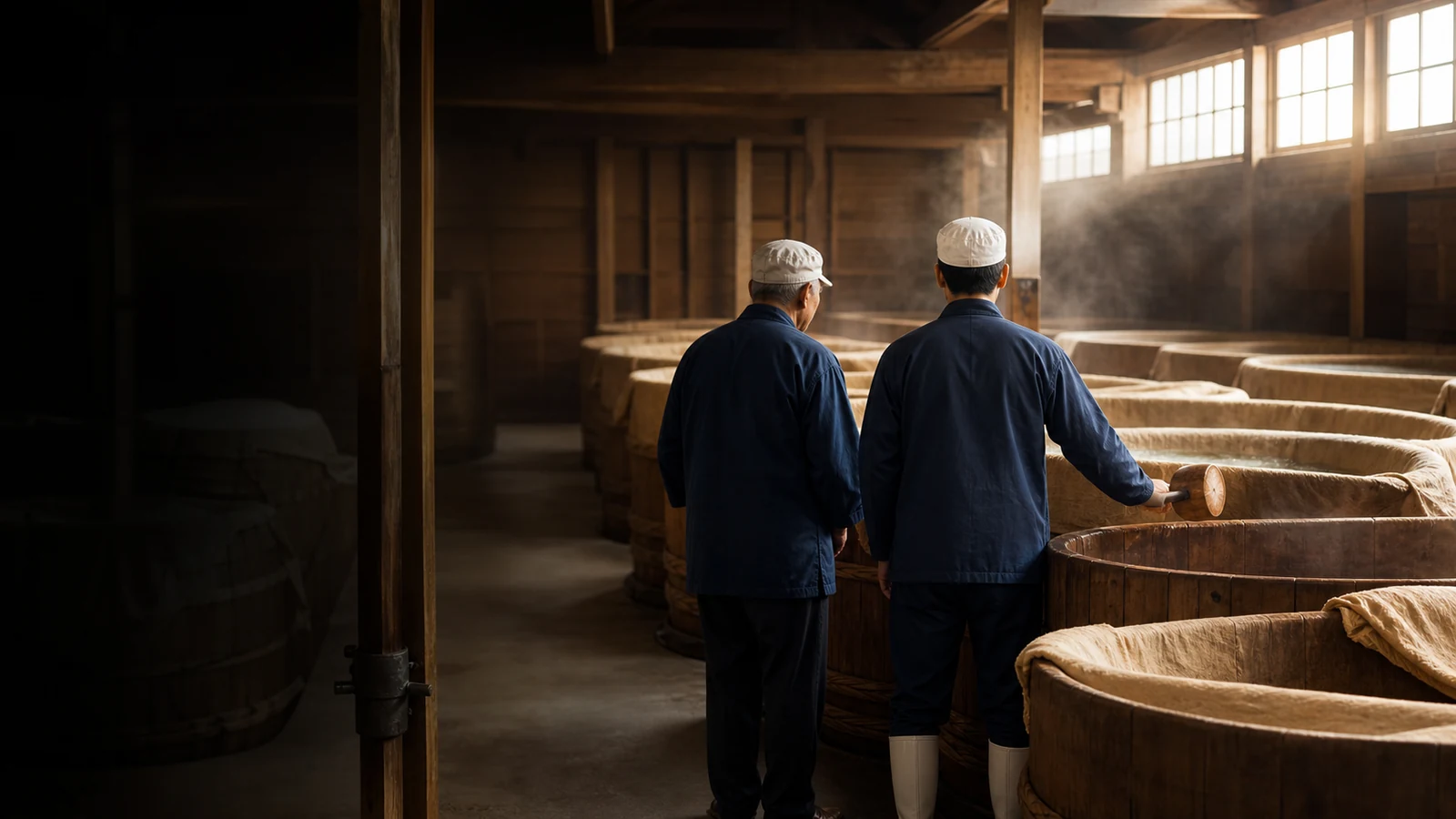 味噌蔵の木桶を見渡し仕込み技術の承継を確認する蔵元と後継担当者
