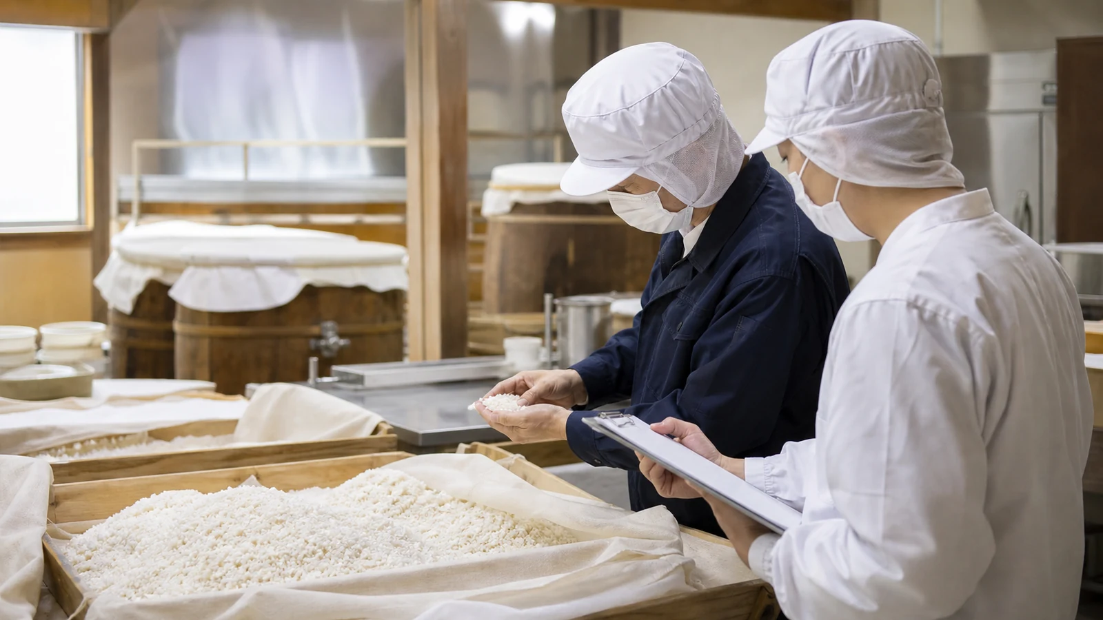 味噌蔵の製造責任者と後継担当者が米麹の品質と製造記録を確認する様子