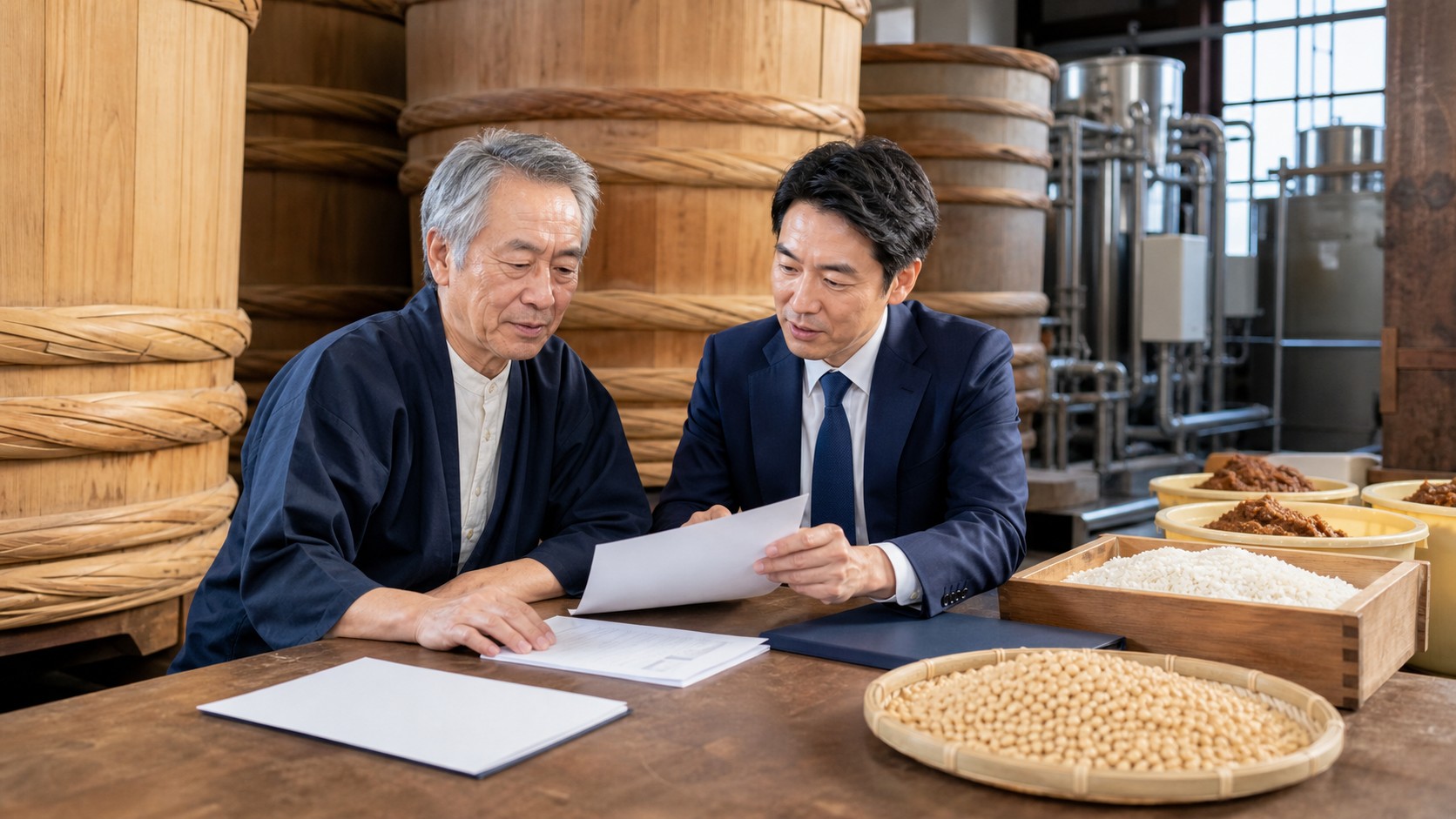 味噌蔵で廃業回避とM&Aによる事業承継について相談する経営者とアドバイザー