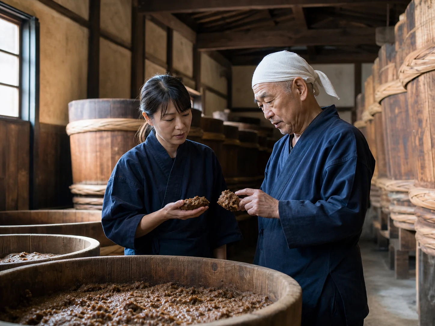 木桶の味噌を確認する味噌蔵の製造責任者