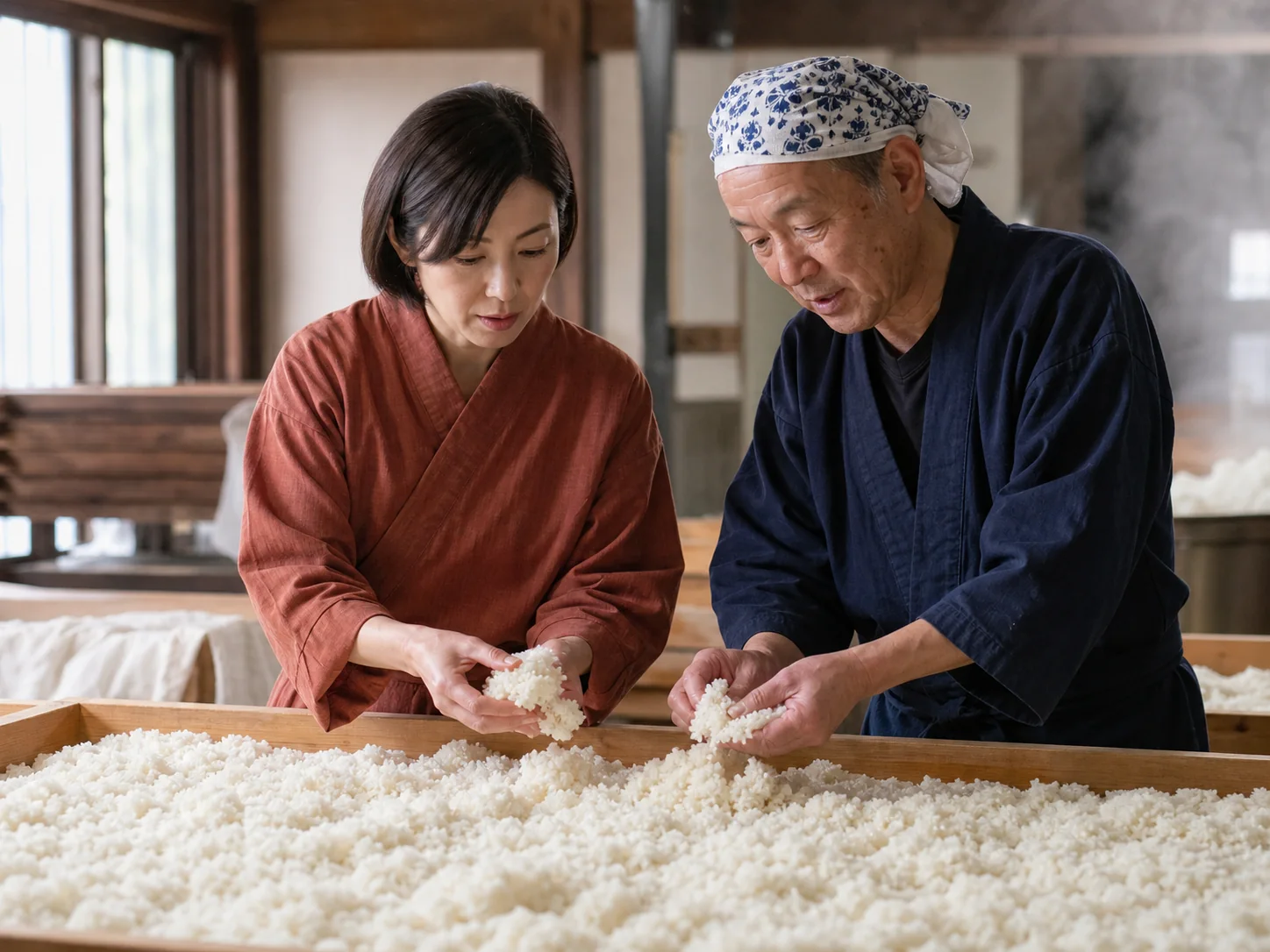 味噌蔵で米麹の状態を確かめる女性経営者と熟練職人