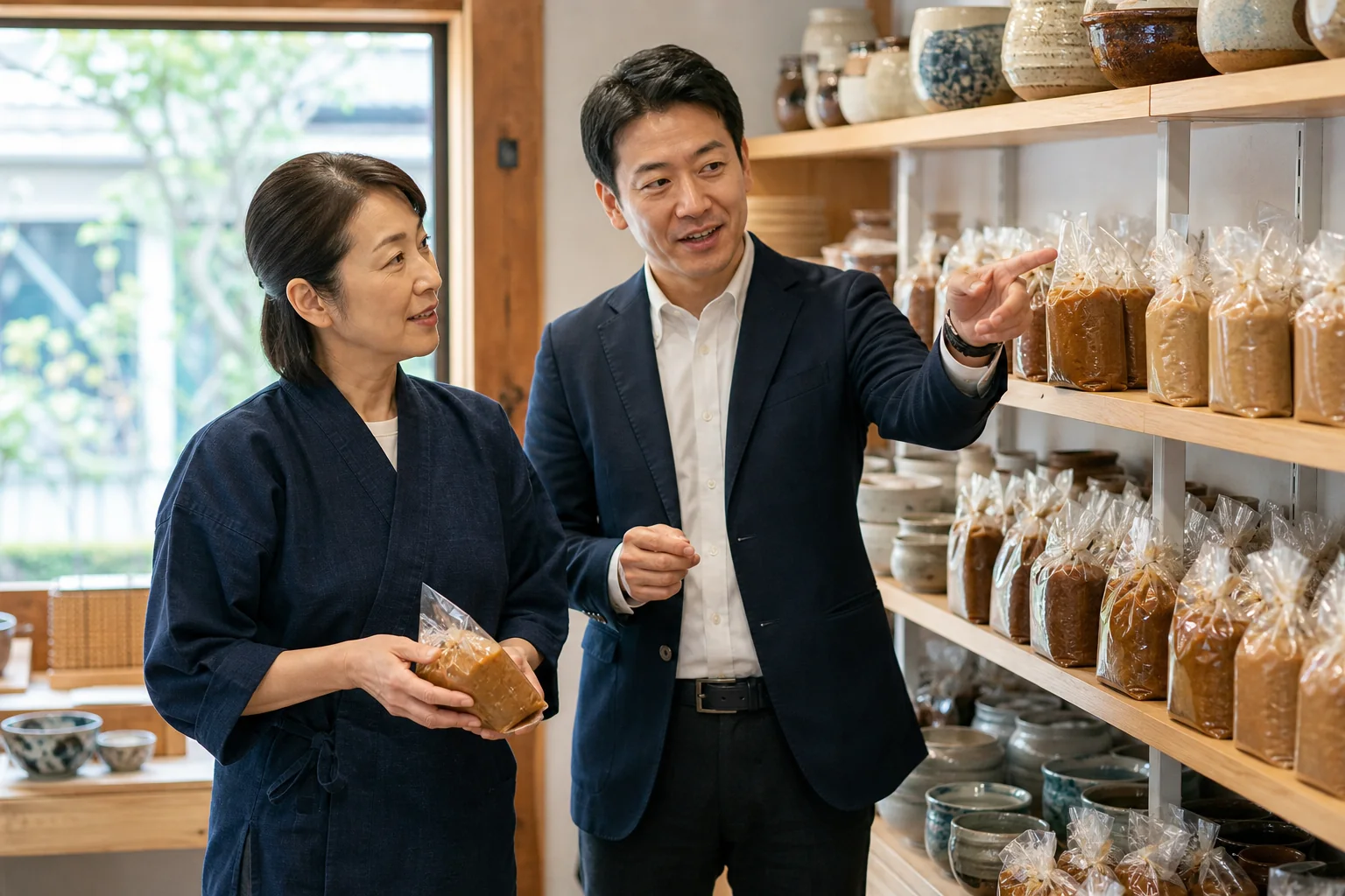 味噌商品の販路について話し合う経営者と食品業界の担当者