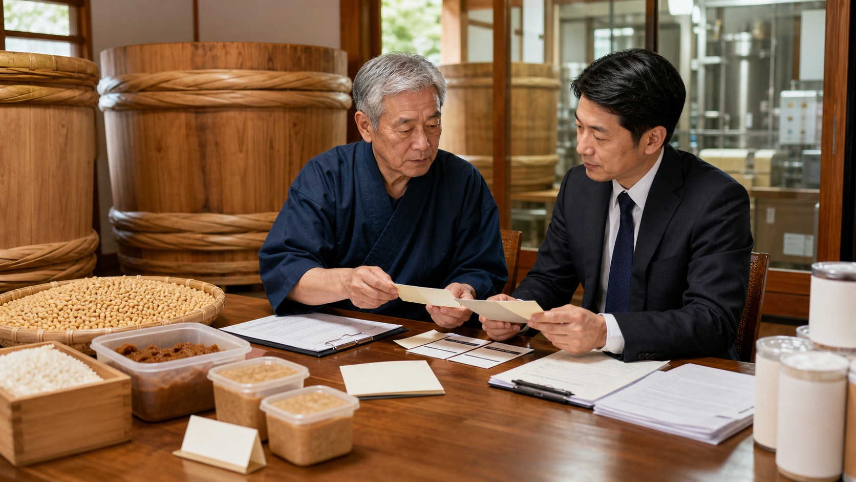 味噌蔵で商標やレシピ資料を確認しながらM&Aと事業承継を相談する蔵元とアドバイザー
