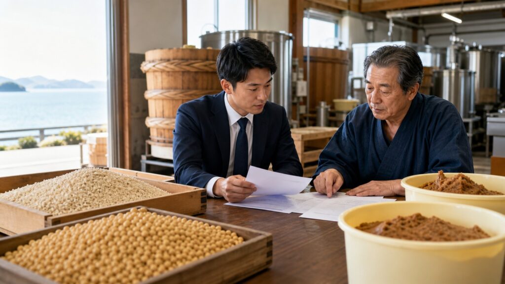 瀬戸内の味噌蔵で麦麹と大豆を前にM&Aと事業承継を相談する蔵元とアドバイザー